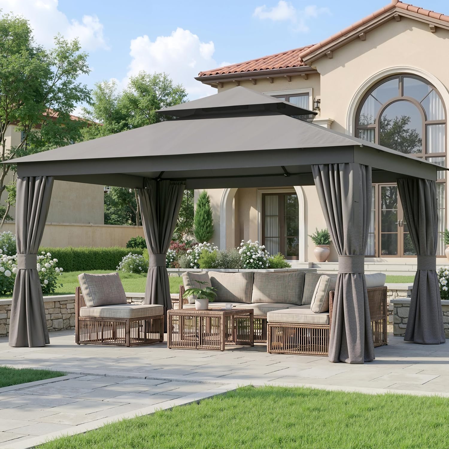 10'x12' Outdoor Gazebo, Heavy Duty Metal Frame Patio Gazebo Canopy with Waterproof Double Roofs, Tent Shelter with UPF50+ Protection, Mosquito Netting and Privacy Screens for Backyard, Garden, Lawn
