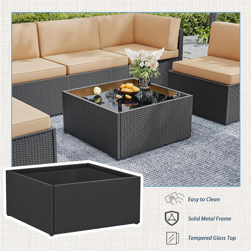 AECOJOY 7 Piece Outdoor Patio Furniture Set, Outdoor Sectional Conversation Furniture Chair with Coffee Table,Patio Sectional for Garden,Backyard(Khaki Cushions and Black PE Rattan, with Cover)