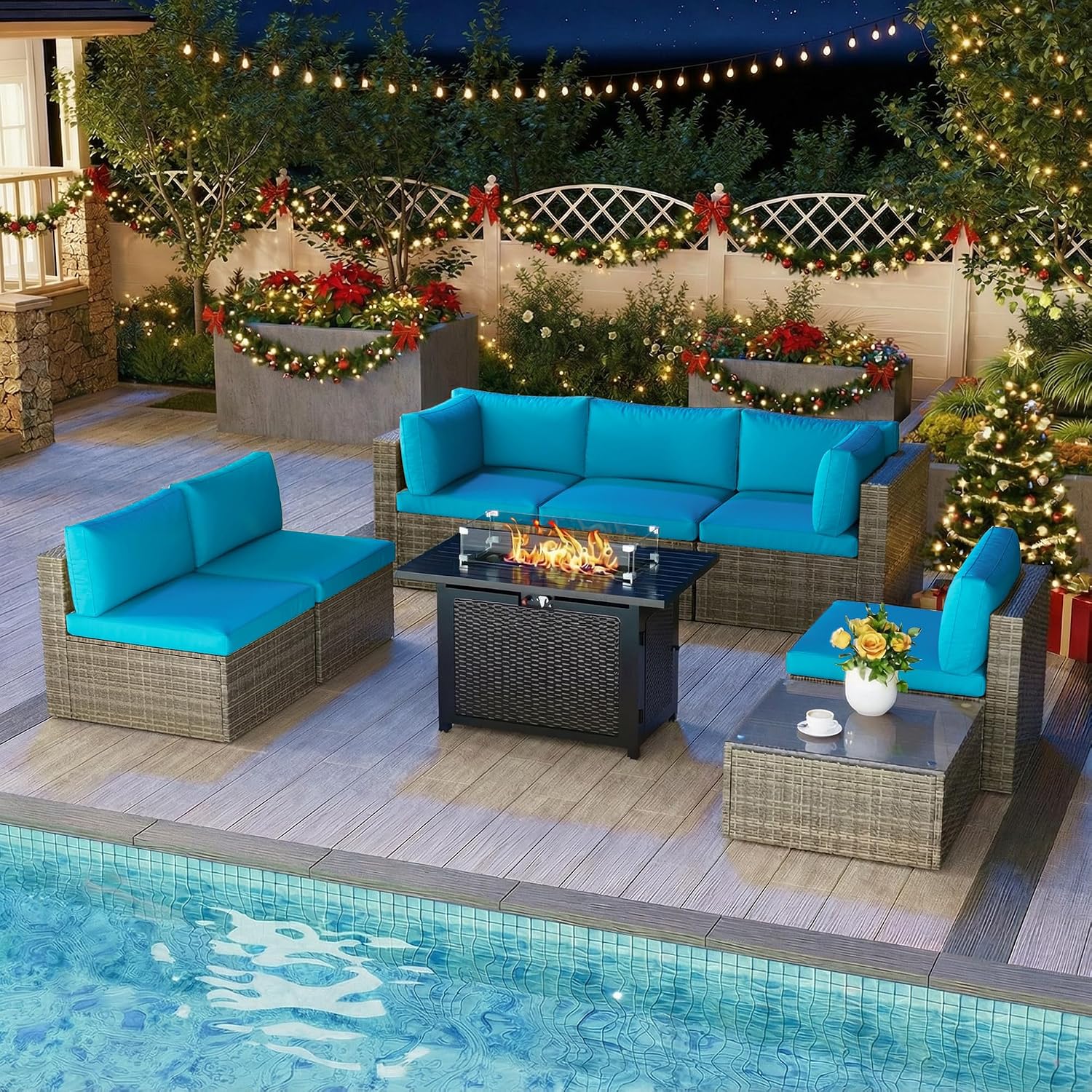 8 Pieces Outdoor Patio Furniture Set with 43' Fire Pit Table, Wicker Outdoor Patio Sectional Sofas Coffee Table, All-Weather Patio Conversation Set with Cushions for Garden Backyard, Light Blue