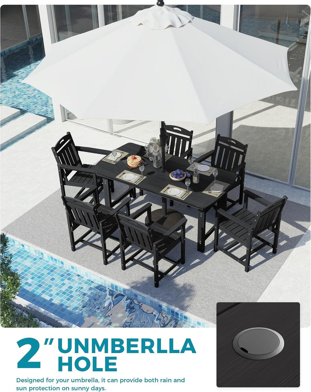 Ciokea HDPE Outdoor Dining Set, 7-Piece Patio Table and Chairs Set with Umbrella Hole, All-Weather Patio Dining Sets for 6, Durable Patio Furniture for Backyard, Garden, Lawn & Poolside, Black