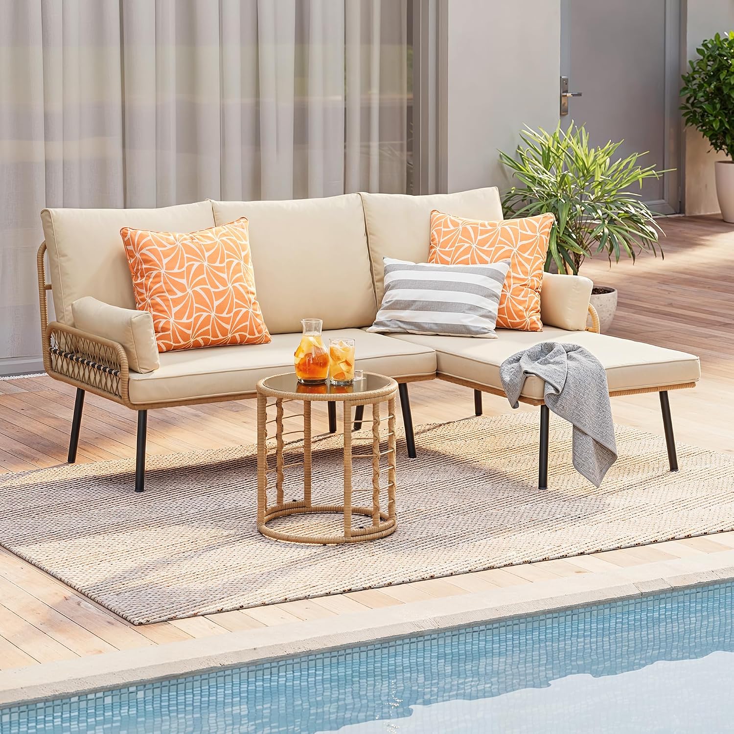 Gizoon 3-Piece Outdoor Patio Furniture Set, All-Weather PE Wicker L-Shaped Conversation Sofa with Thick Cushions & Glass Table, for Backyard, Porch, Balcony, Poolside (Beige)