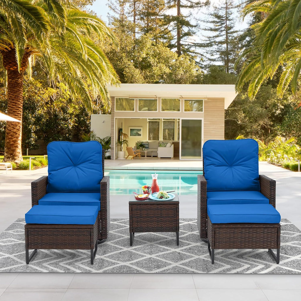 AVAWING 5 PCS Patio Swivel Rocking Chairs Set with Ottoman, Outdoor Wicker Furniture with Rattan Side Table, 360° Swivel Chairs for Garden, Porch, Backyard, Blue/Brown Wicker