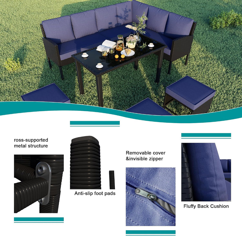 7-Piece Patio Furniture Set, Outdoor Couch with Dining Table & Ottomans, PE Rattan Sofa Set with Cushions for Deck, Yard, Poolside (Blue)