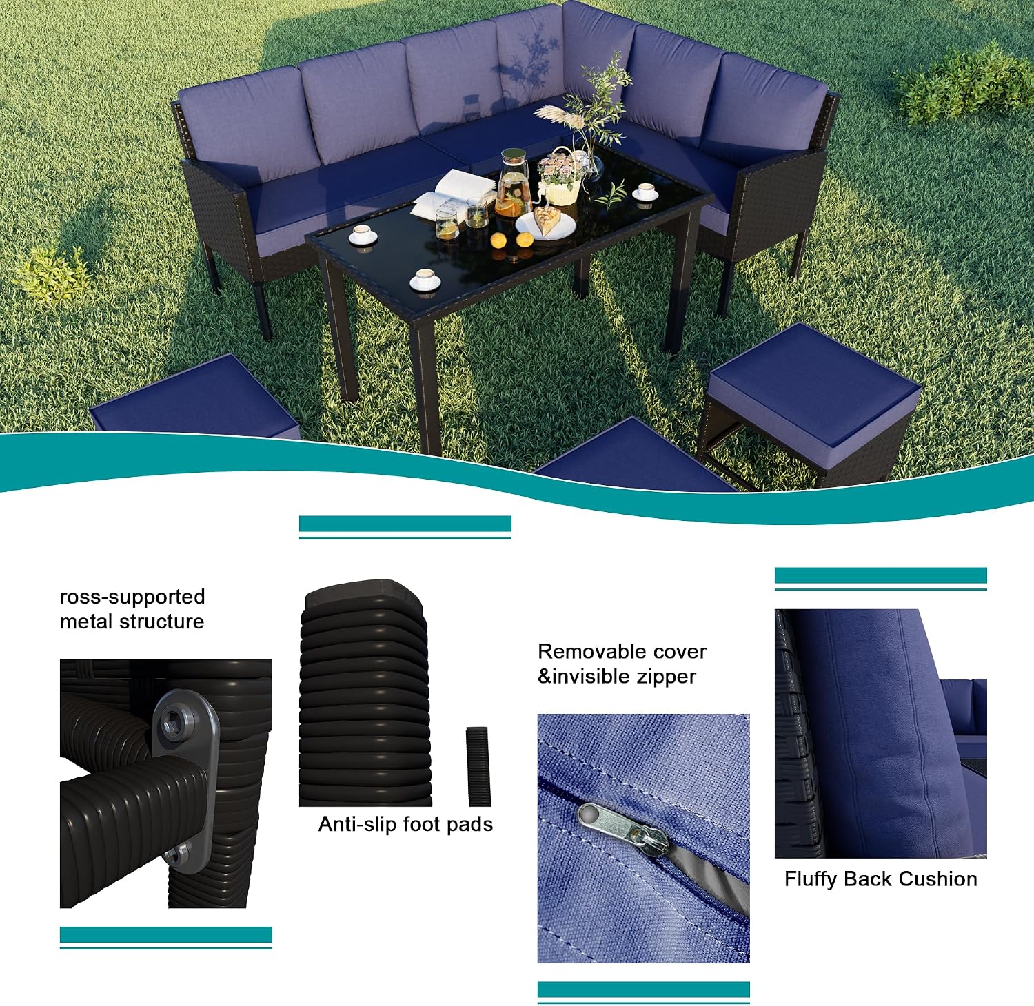 7-Piece Patio Furniture Set, Outdoor Couch with Dining Table & Ottomans, PE Rattan Sofa Set with Cushions for Deck, Yard, Poolside (Blue)