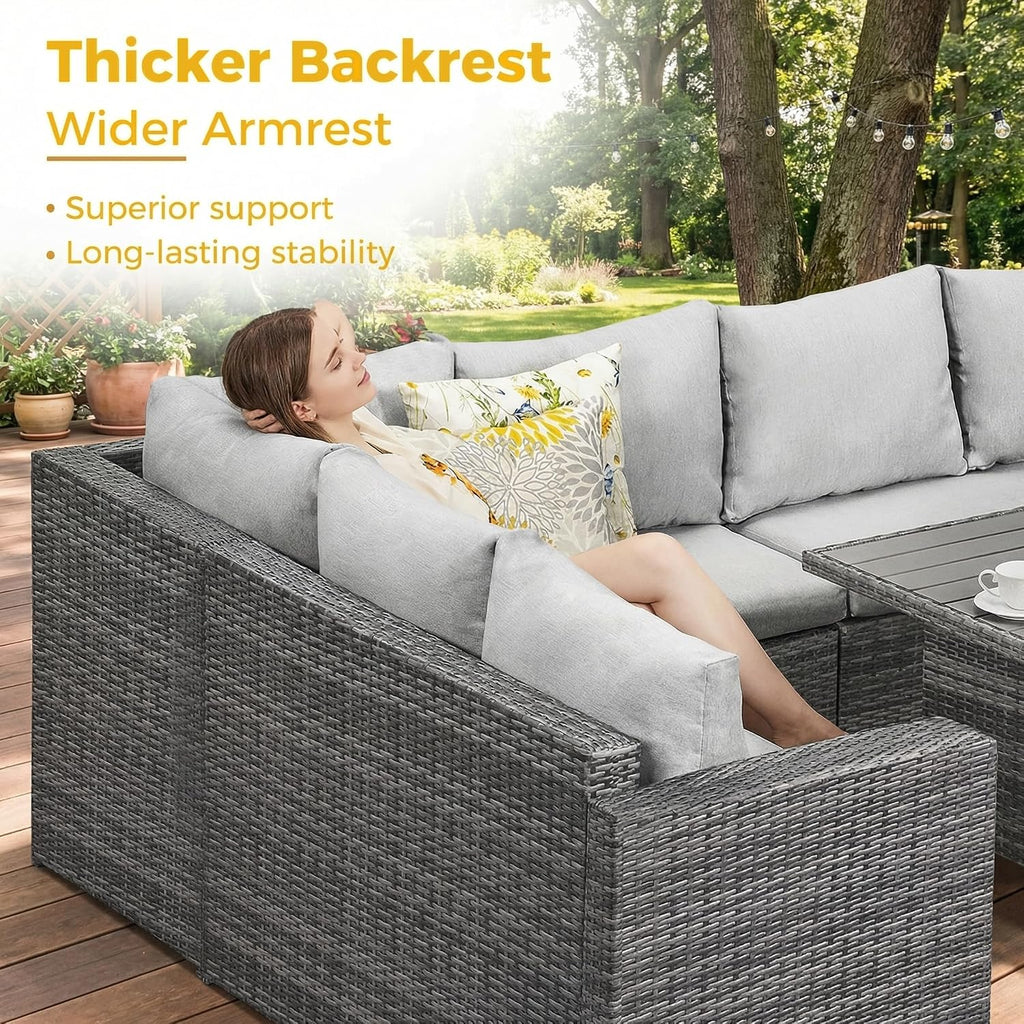 Wisteria Lane 7 Piece Patio Furniture Set, Wicker Patio Sectional with Wide Armrest, All Weather Outdoor Dining Set, Outdoor Furniture Patio Conversation Set with Ottoman, Ash Gray