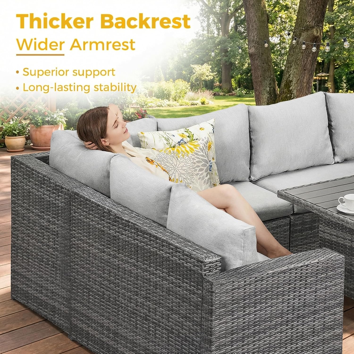 Wisteria Lane 7 Piece Patio Furniture Set, Wicker Patio Sectional with Wide Armrest, All Weather Outdoor Dining Set, Outdoor Furniture Patio Conversation Set with Ottoman, Ash Gray