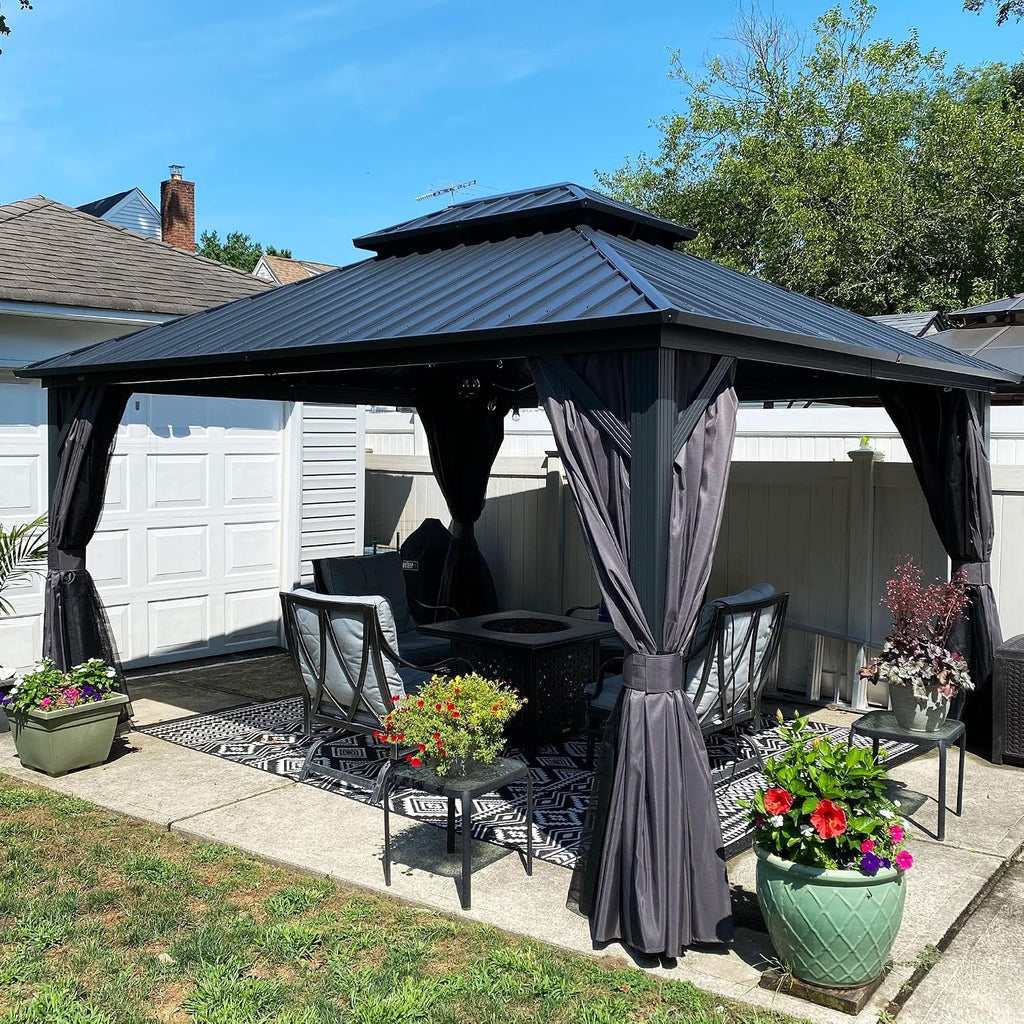 PURPLE LEAF 12' X 14' Hardtop Gazebo Patio Hardtop Gazebo with Heavy Duty Galvanized Steel Double Roof for Patio Lawn Garden, Netting and Curtains Included, Grey