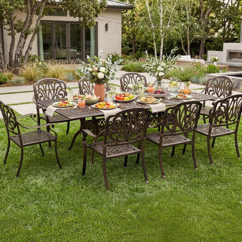 VINGLI 9-Piece Cast Aluminum Outdoor Dining Set for 8, Rectangular Patio Table with Umbrella Hole & 8 Stackable Chairs, All-Weather Garden/Poolside Furniture