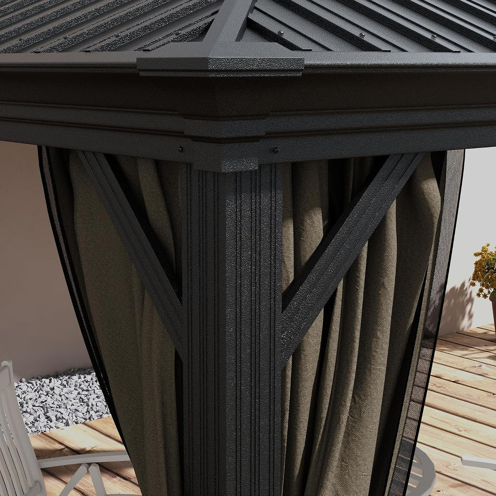 Outsunny 10' x 10' Hardtop Gazebo with Curtains and Netting, Permanent Pavilion Metal Double Roof Gazebo Canopy with Aluminum Frame and Hooks, for Garden, Patio, Backyard, Dark Brown