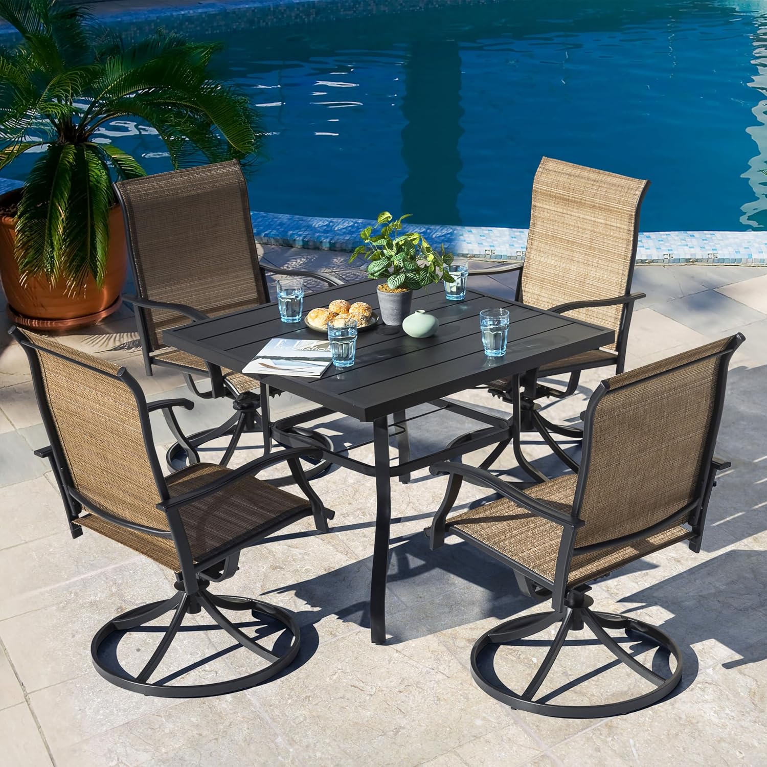 NUU GARDEN Outdoor Patio Dining Set, 4 Swivel Textilene Dining Chairs and 37' Square Dining Table with 1.57'' Umbrella Hole, Powder Coated Iron Frame, for Patio, Garden, Backyard, Black and Brown