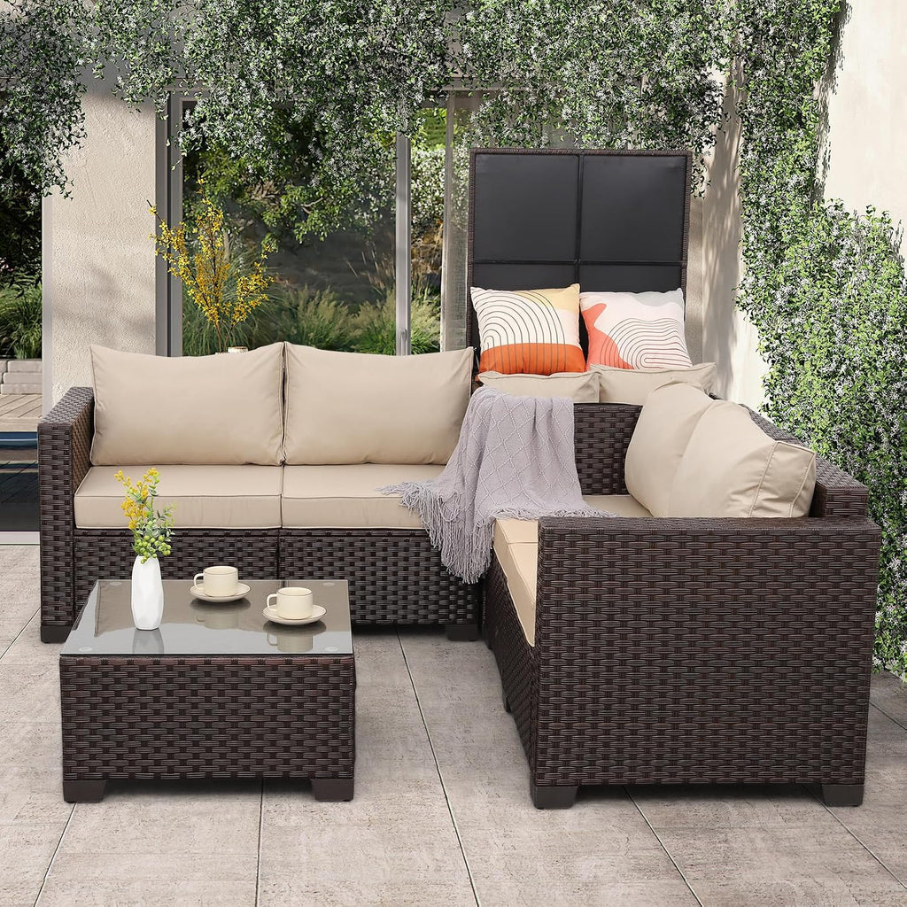 WAROOM Patio Furniture Set 4 Piece Conversation Sets Brown Rattan Outdoor Couch Loveseat Wicker Sectional Sofa with Storage Box Glass Top Table, Khaki Cushion