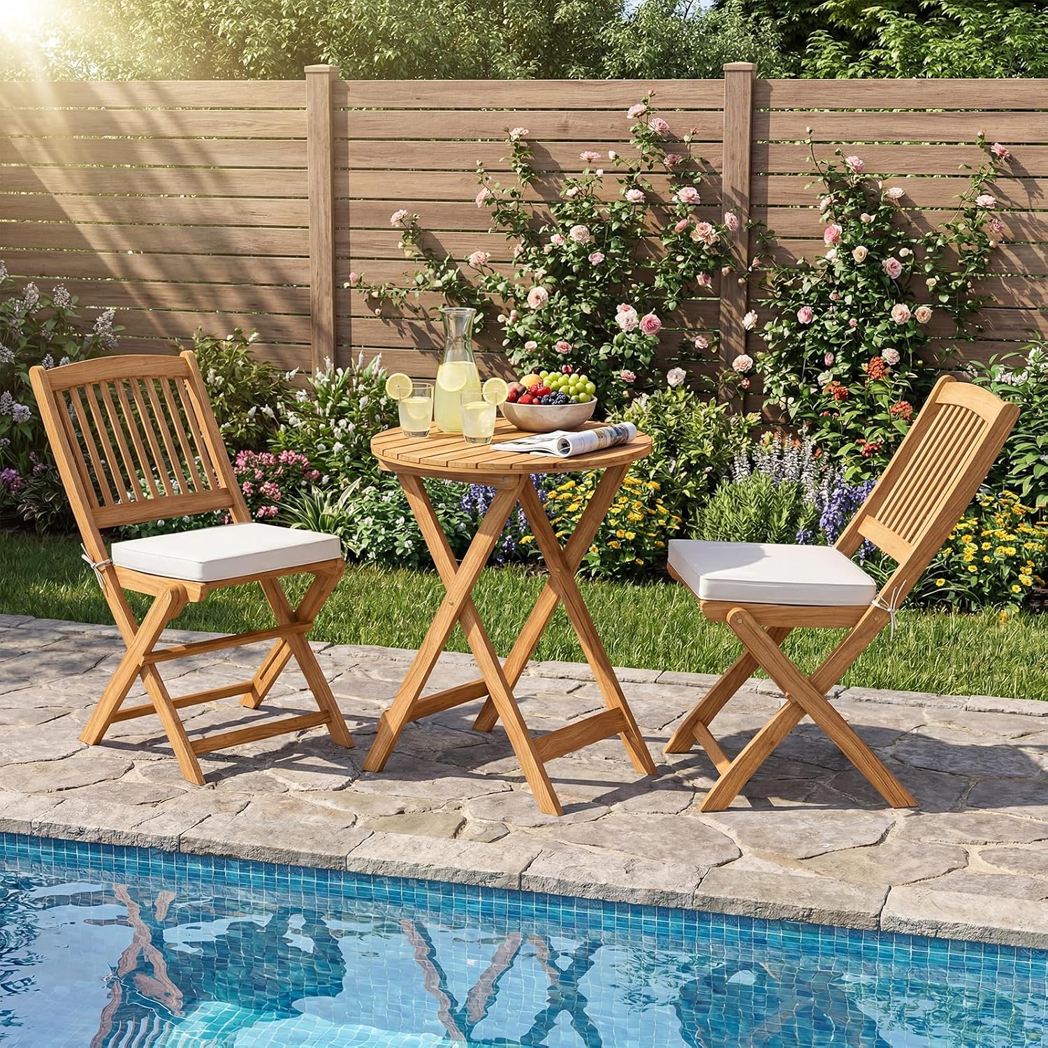Giantex 3Pcs Patio Bistro Set, Wood Folding Table Set, 2 Cushioned Chairs for Garden Yard, Outdoor Furniture Round Table (Natural & Beige)