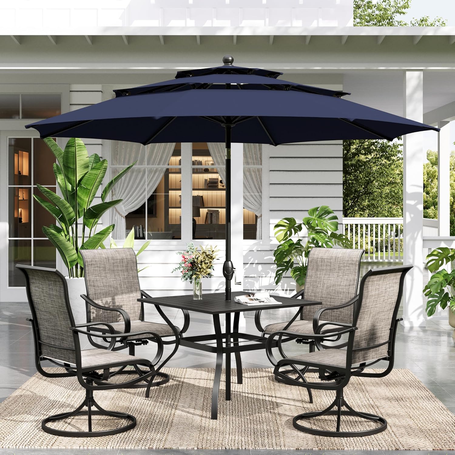 Sophia & William 6-Piece Outdoor Dining Set with 3-Tier Navy Patio Umbrella, Windproof, 4 Swivel Dining Chairs, Table and Chairs for Garden Backyard