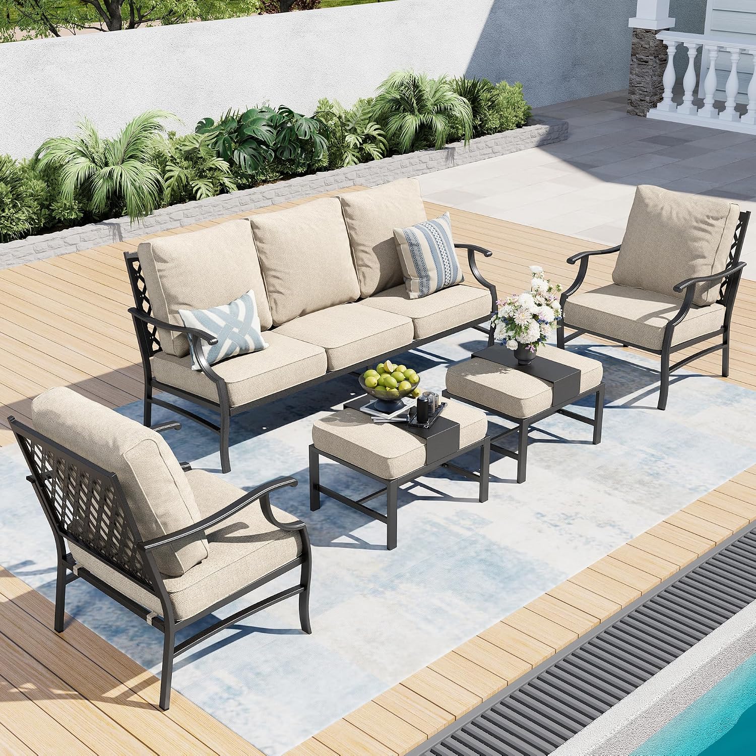 SUNSHINE VALLEY Patio Furniture Set, Modern Metal Outdoor Patio Furniture, 3 Seater Sofa, 2 Fixed Chairs, 2 Ottomans and 5.75' Extra Thick Cushion, Patio Conversation Set for Garden Backyard Deck