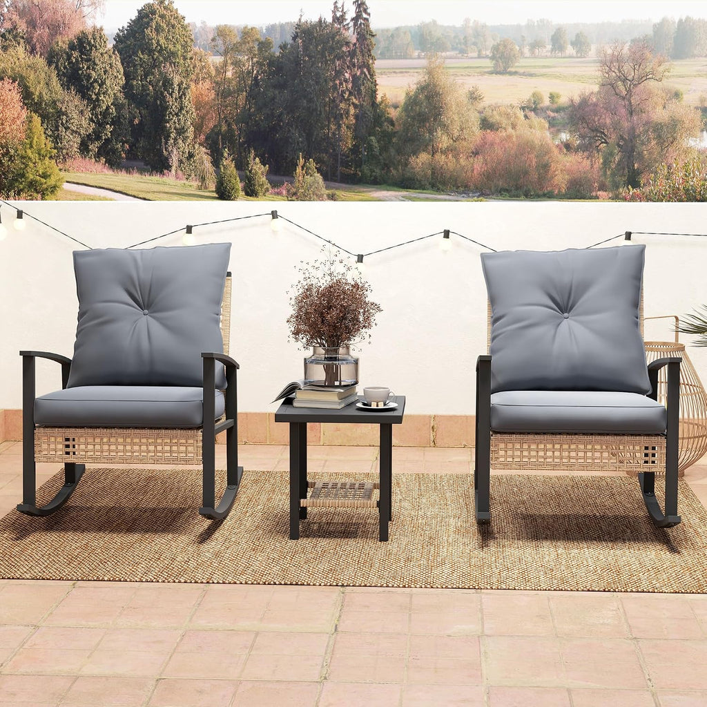 Outsunny 3 Pieces Rocking Wicker Outdoor Bistro Set, Rattan Patio Furniture Set with Coffee Table and Porch Chairs, Button Tufted Cushions for Backyard, Balcony, Garden, Gray