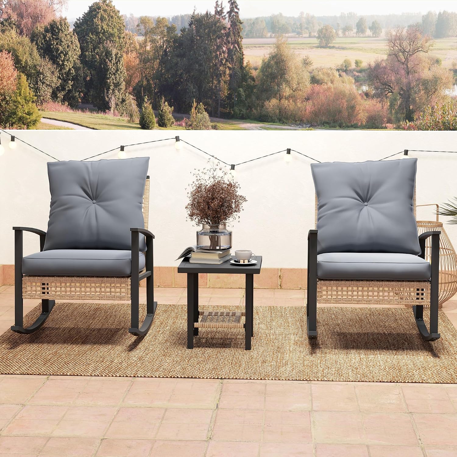 Outsunny 3 Pieces Rocking Wicker Outdoor Bistro Set, Rattan Patio Furniture Set with Coffee Table and Porch Chairs, Button Tufted Cushions for Backyard, Balcony, Garden, Gray