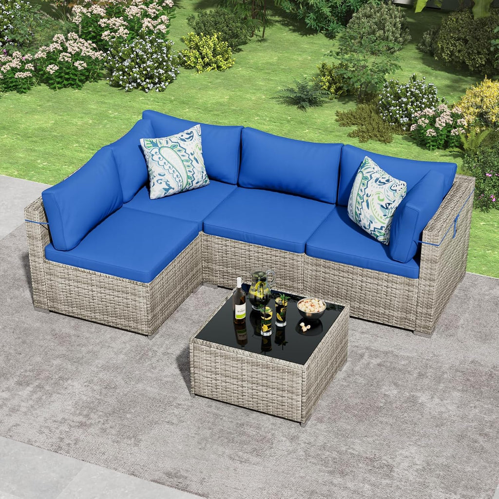 Tradare 5 Piece Patio Furniture Set, Outdoor Wicker Patio Sofa Set, PE Rattan Sectional Couch with Glass Table and Blue Cushions, All-Weather 5 Piece Outdoor Patio Furniture Sets, Grey