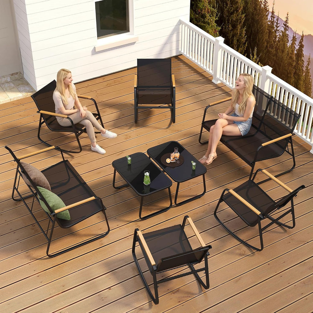 Ahomly 8-Piece Outdoor Patio Furniture Set, Textilene Conversation Set with Rocking Chairs, Loveseat, and Tempered Glass Coffee Table, for Lawn, Garden, Balcony, Poolside (Black)