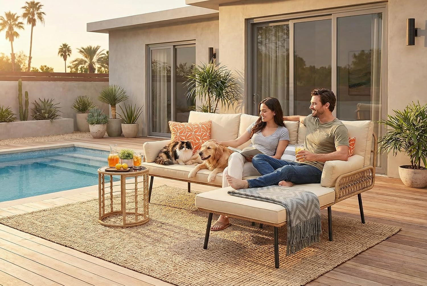 Gizoon 3-Piece Outdoor Patio Furniture Set, All-Weather PE Wicker L-Shaped Conversation Sofa with Thick Cushions & Glass Table, for Backyard, Porch, Balcony, Poolside (Beige)