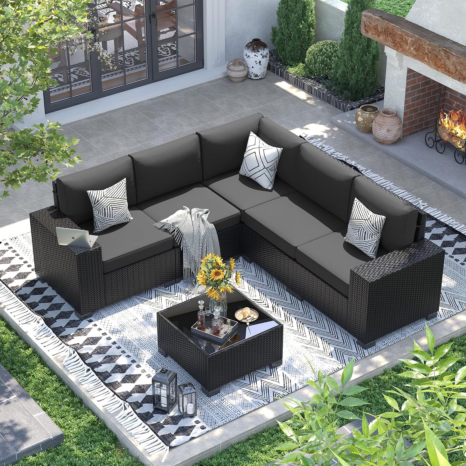 UDPATIO 6 Piece Patio Furniture Set, Outdoor Wicker Sectional Sofa with 8'' Wide Armrests, Modular Patio Conversation Set with Coffee Table for Backyard, Deck, Garden