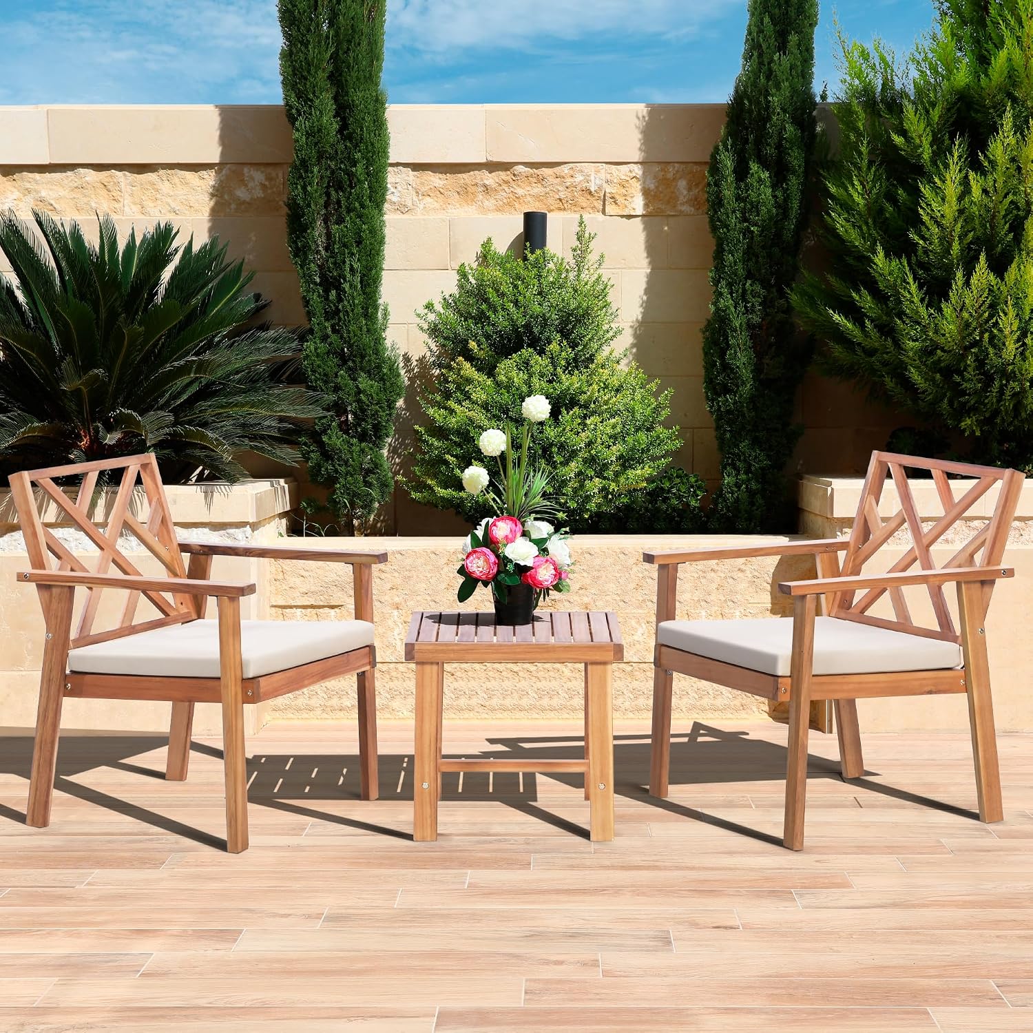 Werph 3 Piece Outdoor Patio Furniture Set, Wooden Conversation Patio Set with Padded Cushion Chairs and Coffee Table, Acacia Wood Lounge Conversation Set for Porch Balcony Deck Backyard
