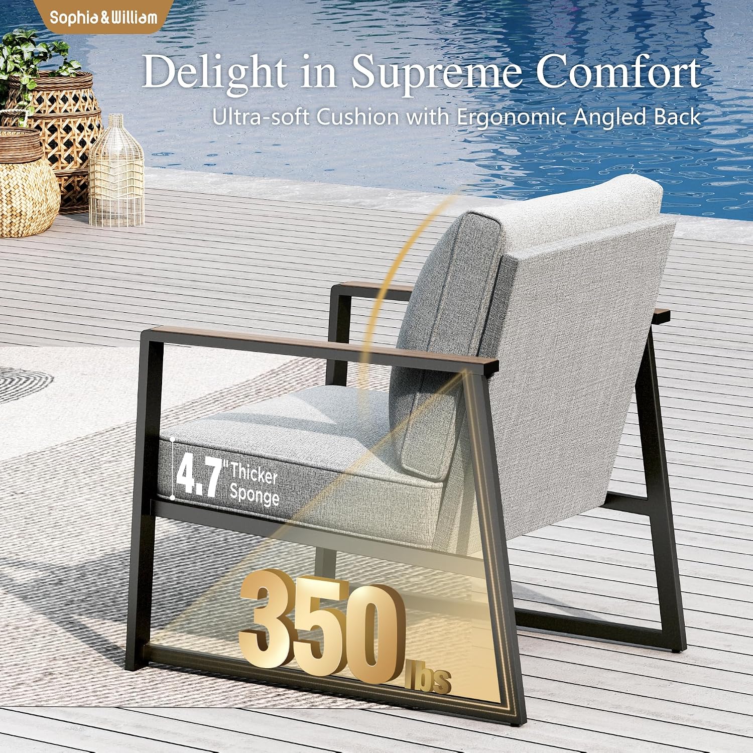 Sophia & William Modern Patio Furniture Set Outdoor Conversation Set 6pcs Heavy Duty with Soft Cotton-Filled Textilene Fabric for 5, Adjustable Coffee Table for Pool Garden Backyard