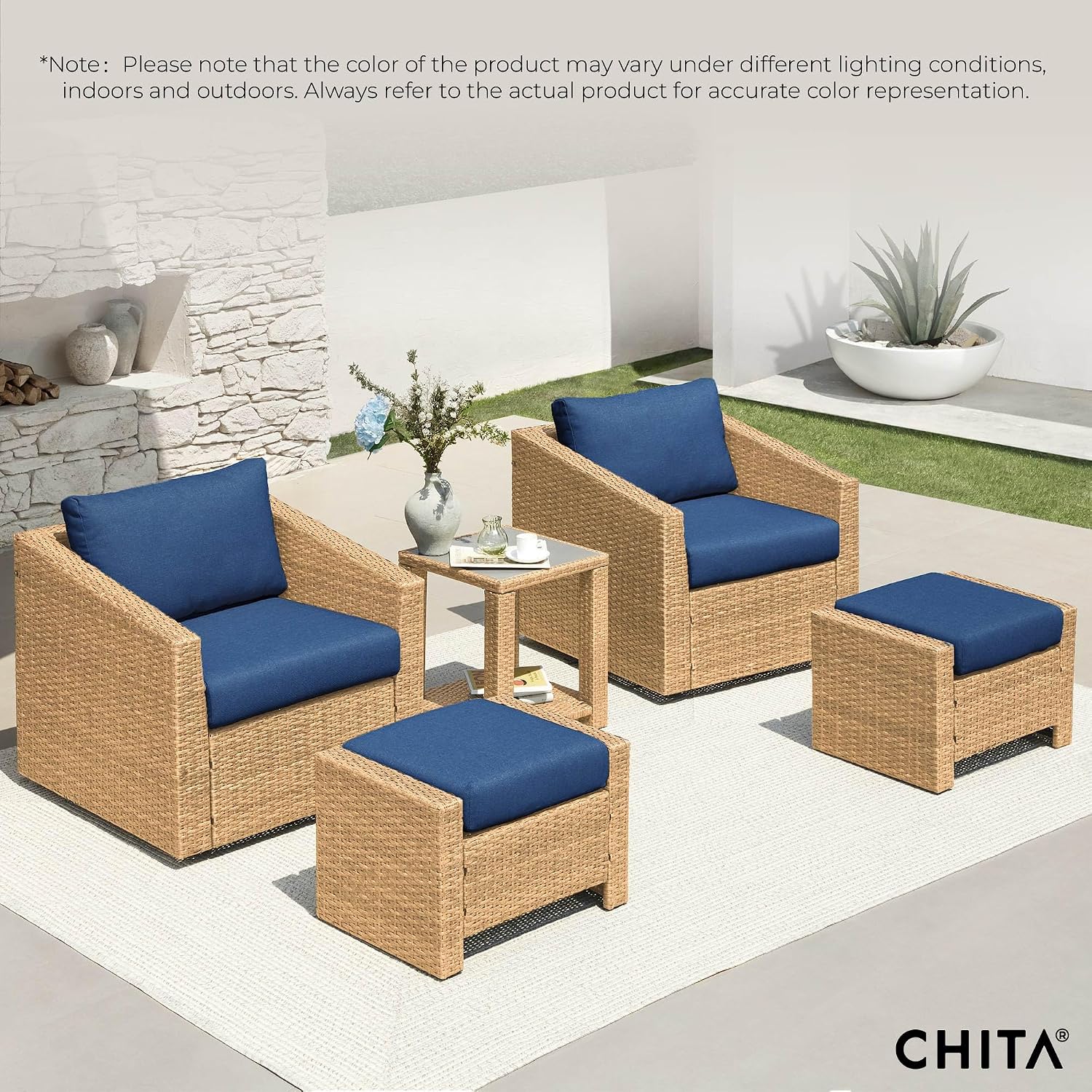 CHITA 5 Pieces Swivel Wicker Patio Furniture Set, Outdoor Conversation Set with 2 Pieces Rattan Swivel Chairs, 2 Pieces Ottomans, Thickened Cushions and Side Table, Blue Cushions with Brown Wicker