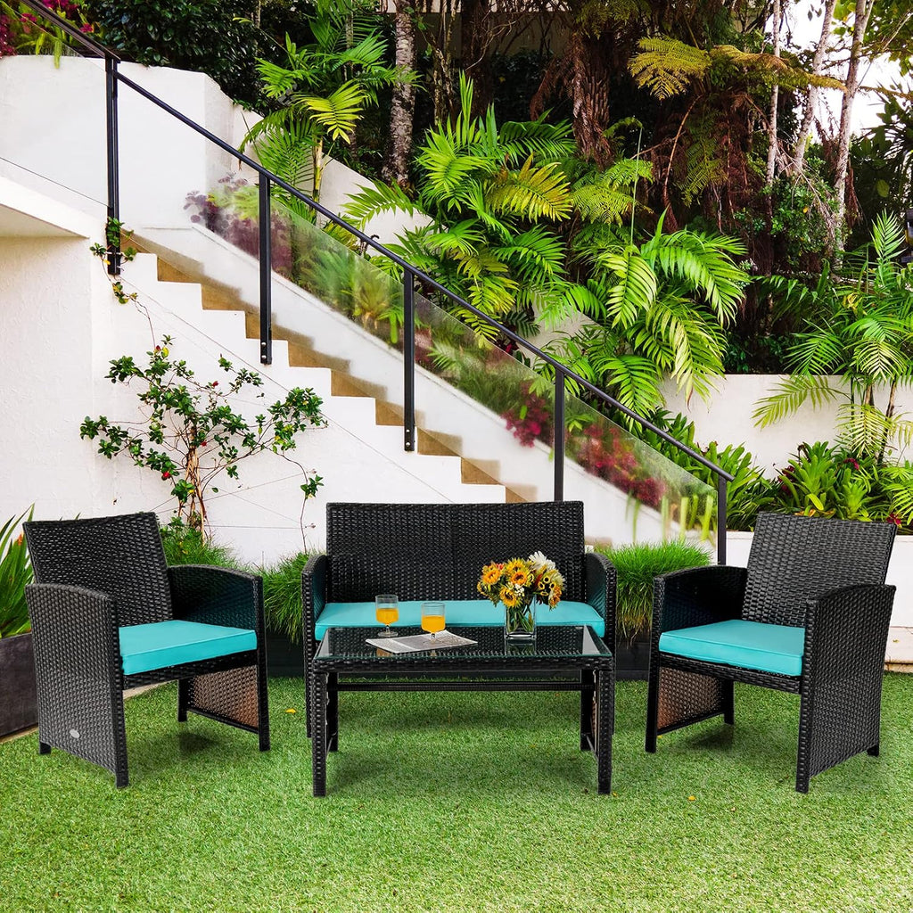 COSTWAY 4 Piece Patio Furniture Set, Outdoor PE Rattan Wicker Sectional Sofa with Cushion and Coffee Table, Patio Conversation Sets for Balcony Lawn Porch Patio Backyard Garden Poolside, Turquoise