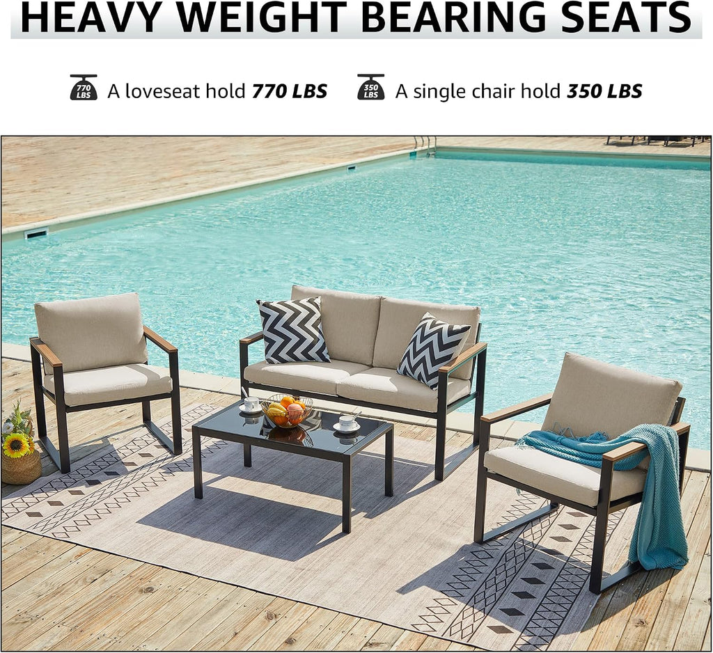 NATURAL EXPRESSIONS 4 Pieces Patio Furniture Sets,Metal Outdoor Patio Furniture Sets,Outdoor Sectional Patio Conversation Set,Wooden Anti-Scald Armrest,Sling Mesh,4' Olefin Cushions