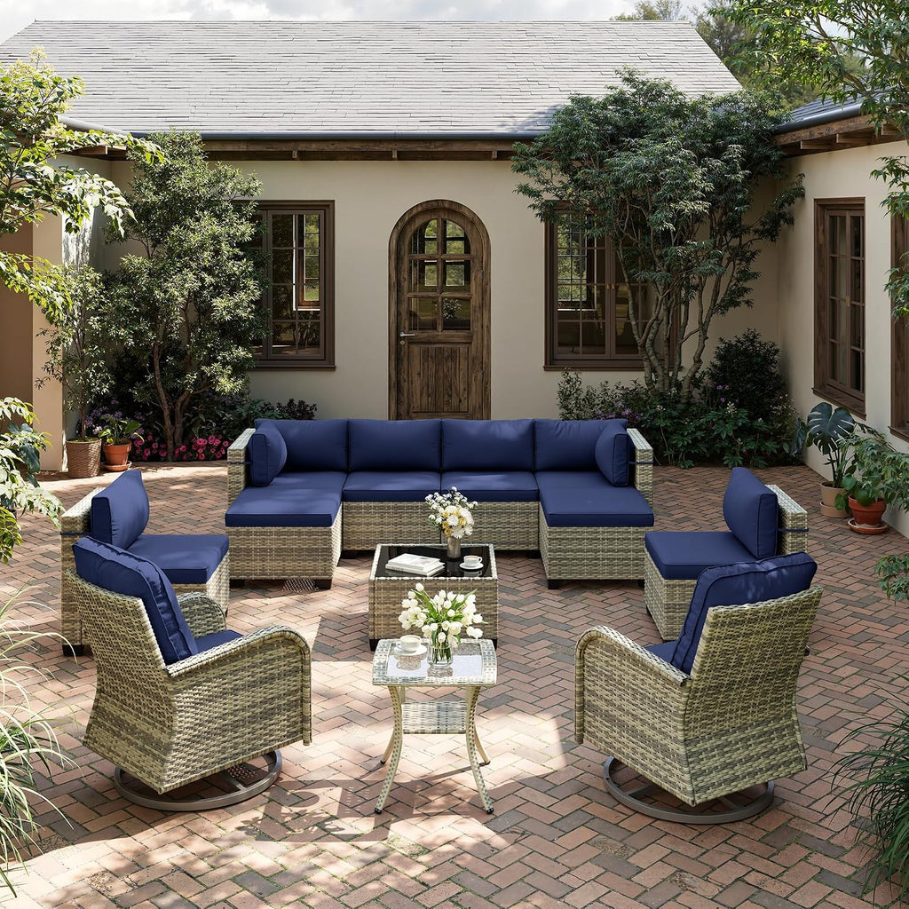 12-Piece Patio Furniture Set, Outdoor Patio Furniture with Swivel Chairs Set, Ottomans, Modular Patio Sofa, Dual-Strand Wicker Rattan, Rust-Resistant Frame, Navy Blue