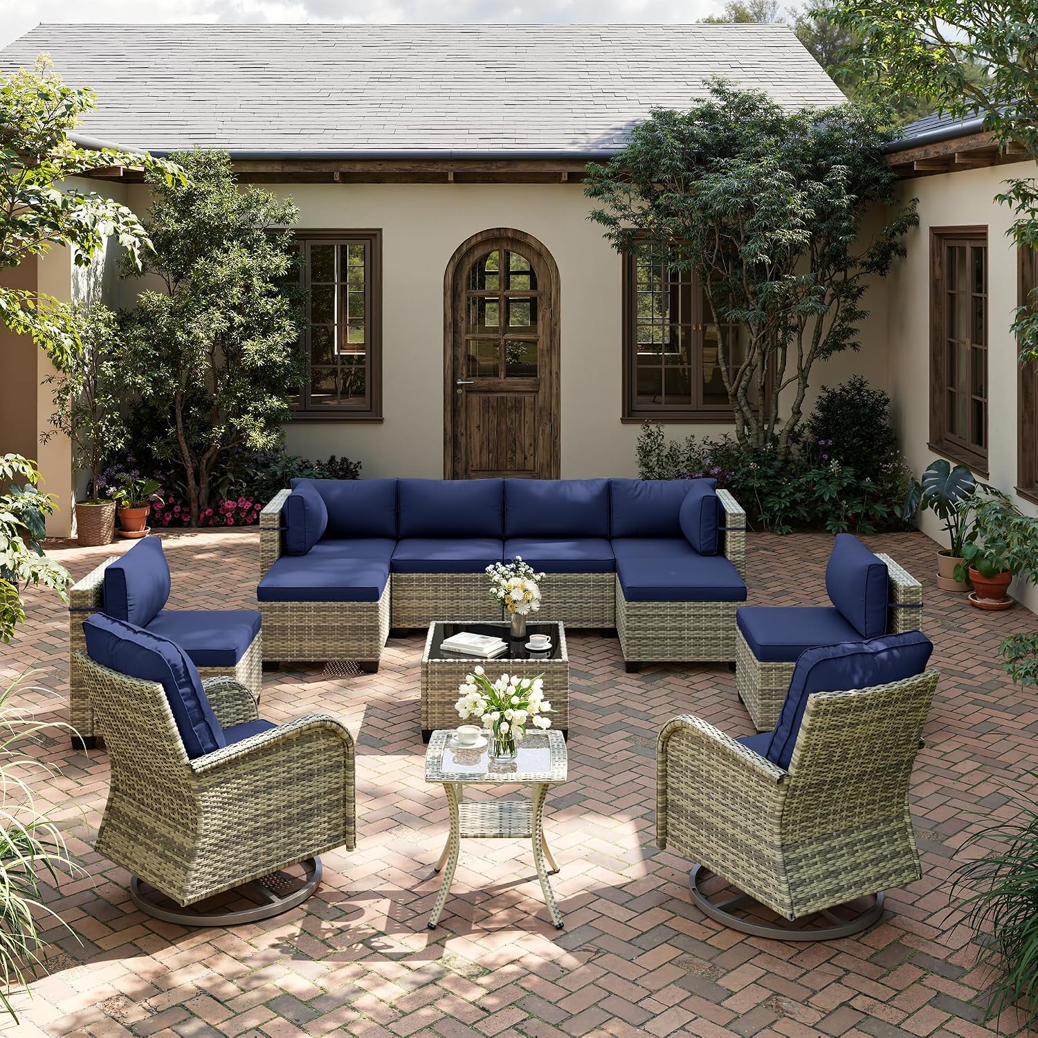12-Piece Patio Furniture Set, Outdoor Patio Furniture with Swivel Chairs Set, Ottomans, Modular Patio Sofa, Dual-Strand Wicker Rattan, Rust-Resistant Frame, Navy Blue