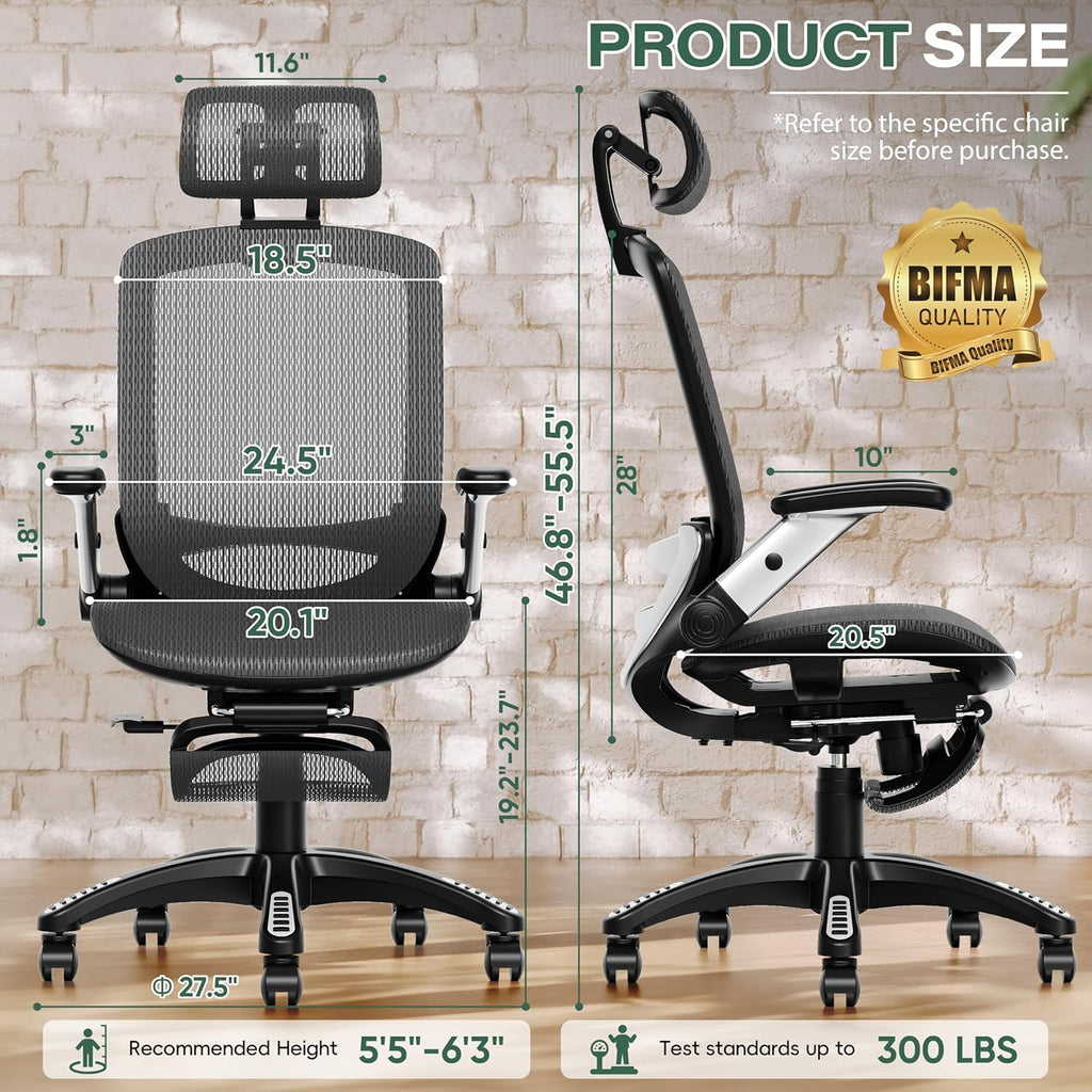 GABRYLLY Ergonomic Office Chair with Footrest, High Back Home Desk Chair - 3D Headrest, Flip-Up Arms, 135° Tilt and Wide Cushion, Heavy Duty Mesh Chairs for Task Computer Gaming, GYB01-FT