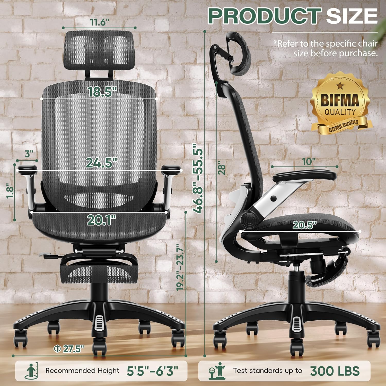 GABRYLLY Ergonomic Office Chair with Footrest, High Back Home Desk Chair - 3D Headrest, Flip-Up Arms, 135° Tilt and Wide Cushion, Heavy Duty Mesh Chairs for Task Computer Gaming, GYB01-FT