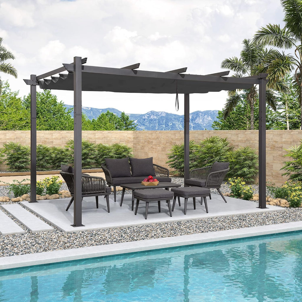 PURPLE LEAF 10' X 12' Outdoor Retractable Pergola with Sun Shade Canopy Patio Metal Shelter for Porch Garden Beach Pavilion Grill Gazebo Modern Yard Grape Trellis Pergola, Gray