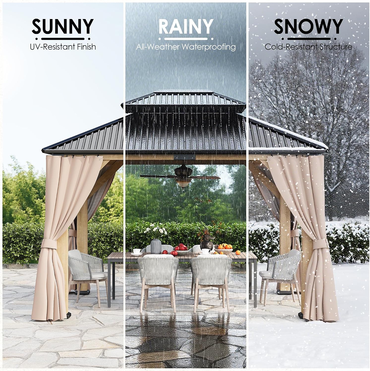 10'x12' Outdoor Wood Gazebo, Wooden Pavilion with Double Galvanized Steel Roof, Hardtop Gazebo with Natural Wood Frame, Curtains & Netting for Patio, Garden, Lawn, Deck, Backyard
