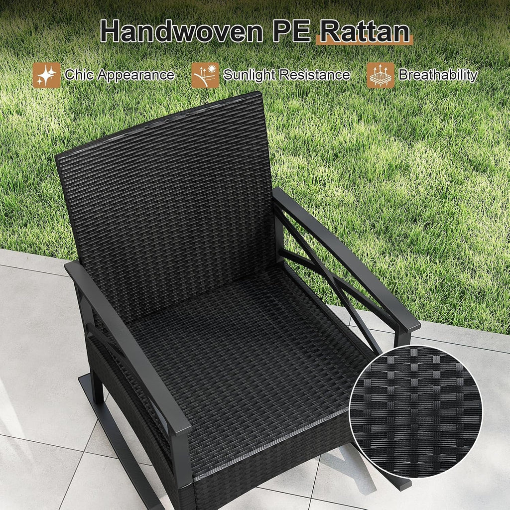 Tangkula 3 Pieces Outdoor Rocking Chairs Set, Rattan Heavy Duty Cushioned Rocker Chairs with 2-Tier Tempered Glass Coffee Table, for Garden, Balcony, Backyard (Black+Gray)
