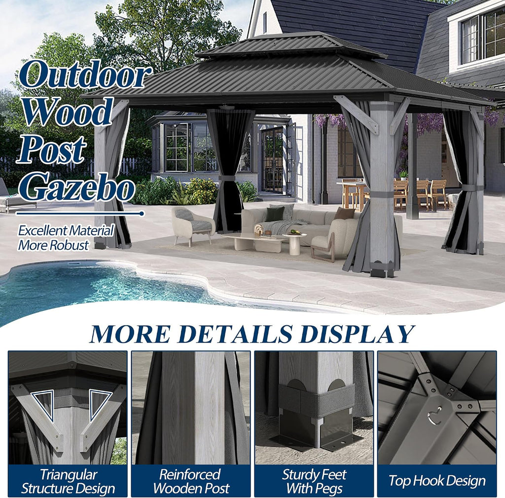 COVERONICS 12'x16' Outdoor Wood Gazebo - Hardtop Wooden Gazebo with Galvanized Steel Roof, Heavy-Duty Pavilion with Netting & Curtains for Garden, Poolside, Deck, Backyard