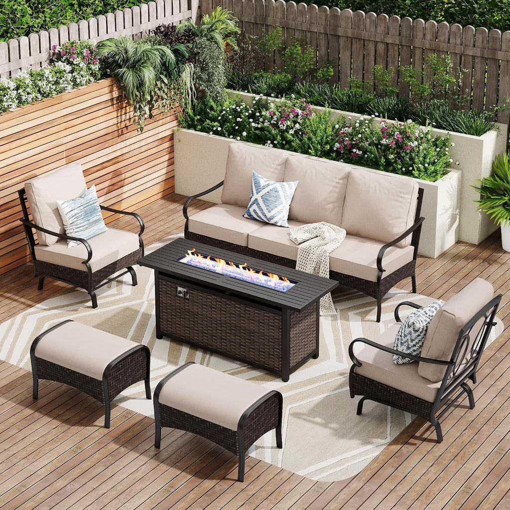 Patio Furniture Set with 56' Fire Pit Table, Premium Outdoor Wicker Metal Frame Furniture with Upgraded Waterproof Thick Cushions for Porch, Poolside, Deck, and Yard （8 Pieces,Beige）