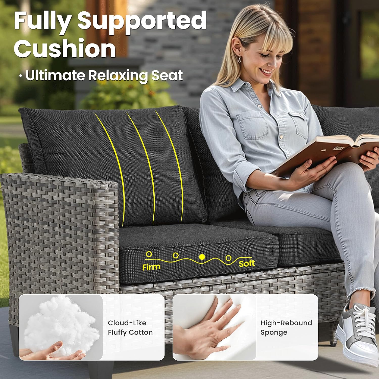 ovios 6-Pieces Patio Furniture Set, Outdoor Wicker Sofa Couch with Swivel Glider Chairs Comfy Cushions, Modern Conversation Set for Backyard Porch, Black