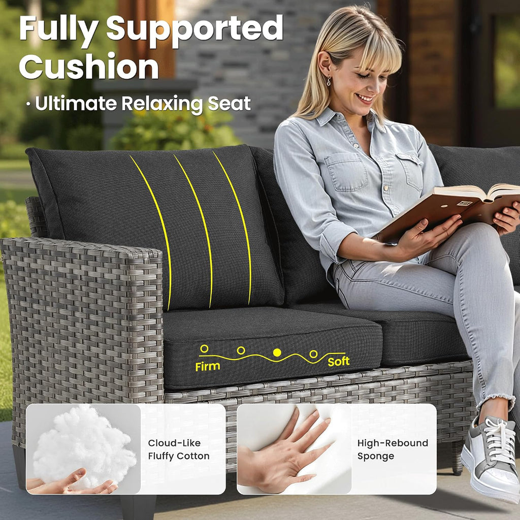 ovios 9 Pieces Patio Furniture Set, Outdoor Wicker Sofa Couch with Rocking Swivel Chairs Solar Lights Table, Modern Deep Seat Rattan Conversation Sets for Deck Porch, Black