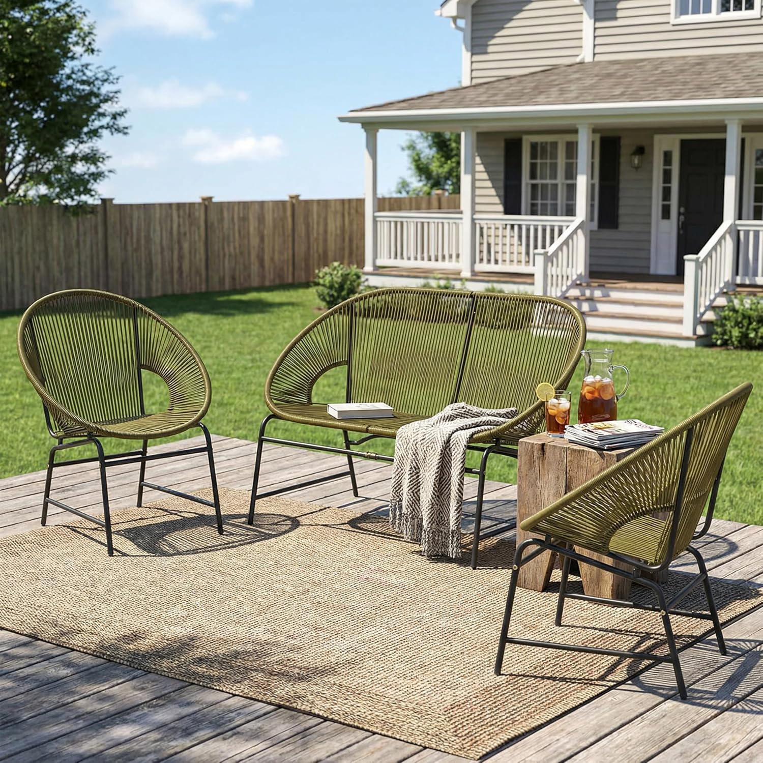 Christopher Knight Home Dessa 3 Piece Patio Furniture Set, Patio Wicker Accent Chair Set of 2 and Loveseat, Metal Frame 4 Seater Outdoor Papasan Lounge Chair Set, PE Rattan Outdoor Bistro Set, Green