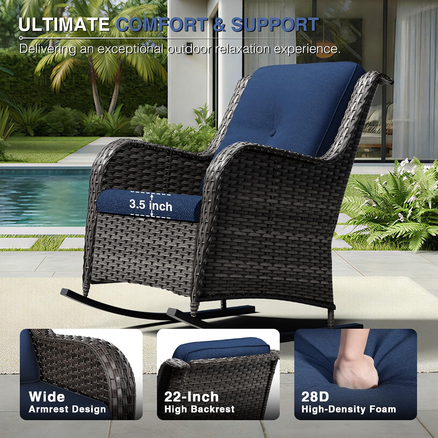 Joyside Outdoor Rocking Chair, Wicker Patio Furniture with High Back, Deep Seating, Wide Armrest, Thickened Cushions, Outdoor Rattan Furniture for Deck, Porch Use