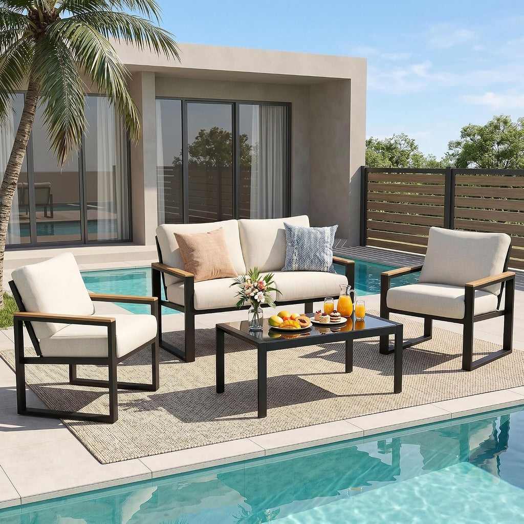 NATURAL EXPRESSIONS 4 Pieces Patio Furniture Sets,Metal Outdoor Patio Furniture Sets,Outdoor Sectional Patio Conversation Set,Wooden Anti-Scald Armrest,Sling Mesh,4' Olefin Cushions