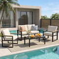 NATURAL EXPRESSIONS 4 Pieces Patio Furniture Sets,Metal Outdoor Patio Furniture Sets,Outdoor Sectional Patio Conversation Set,Wooden Anti-Scald Armrest,Sling Mesh,4' Olefin Cushions