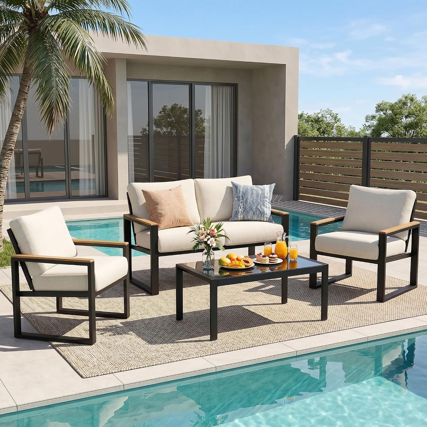 NATURAL EXPRESSIONS 4 Pieces Patio Furniture Sets,Metal Outdoor Patio Furniture Sets,Outdoor Sectional Patio Conversation Set,Wooden Anti-Scald Armrest,Sling Mesh,4' Olefin Cushions