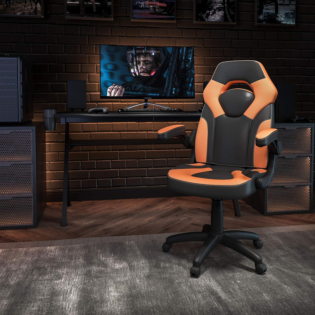 Flash Furniture X10 High-Back LeatherSoft Racing Style Gaming Chair with Flip-Up Arms, Ergonomic Padded Swivel Computer Chair, Orange/Black