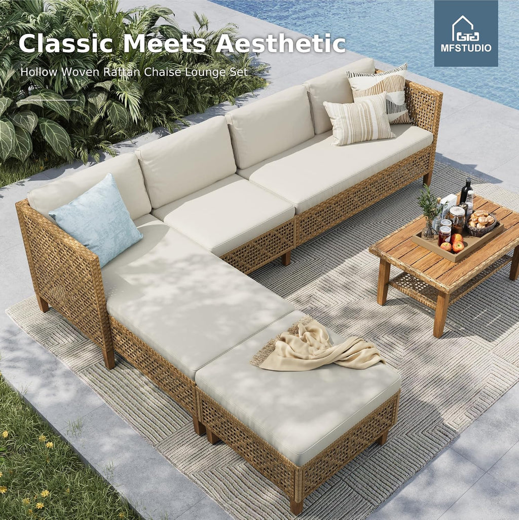 MFSTUDIO Wicker Patio Furniture Set, Rattan Outdoor Couch Sectional Sofa, 5 Pieces Patio Conversation Set with Acacia Wood Coffee Table, Outdoor Rattan Furniture Set for Garden or Balcony, Beige