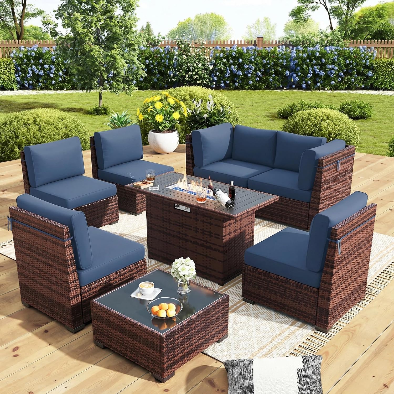 Outdoor Patio Furniture Set with 44' Fire Pit Table 8 Pieces Rattan Patio Sectional Sofa Conversation Set w/55000 BTU Propane Gas Fire Pit, Coffee Table, 2 Waterproof Covers, Blue