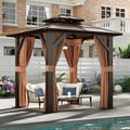 Aoxun 8'x 8' Hardtop Gazebo, Outdoor Polycarbonate Double Top Canopy, Aluminum Frame Gazebo with Netting and Curtains, Sunshade for Gardens, Patios, Lawns, Brown