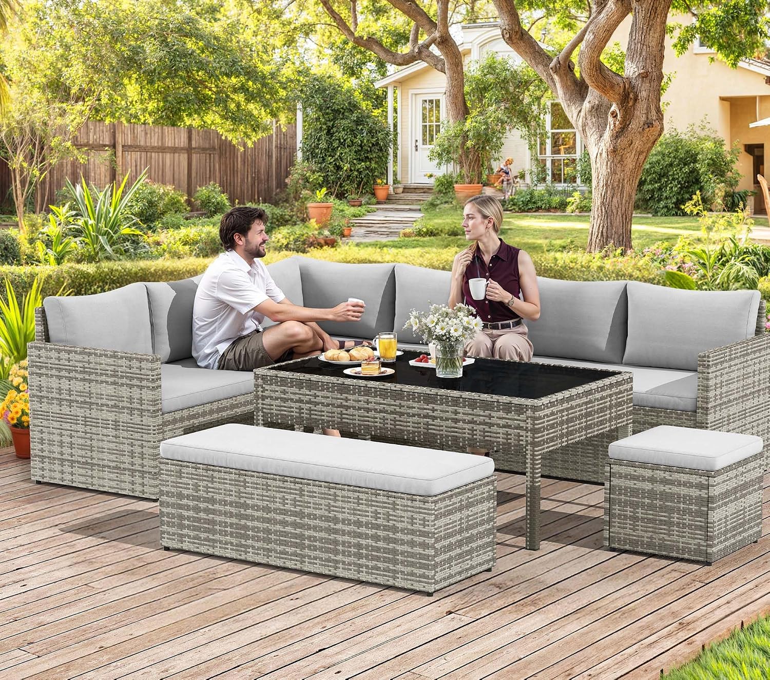 YITAHOME 9 Piece Patio Furniture Set, All-Weather Wicker Outdoor Sectional Sofa with Lift-Top Coffee Table & Ottoman, Patio Conversation Set for Deck, Backyard, Porch - Gray Gradient